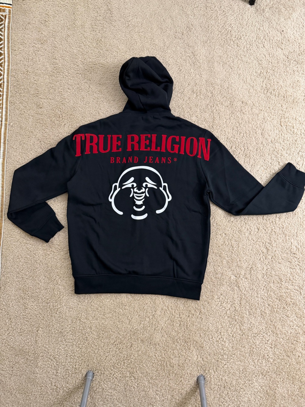 True Religion Black Hoodie Sweatshirt with Red and White Back Logo